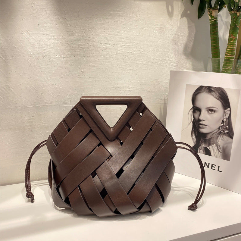 Women’s Vintage Woven Leather Triangle Handle Crossbody Shoulder Bucket Bag image 6
