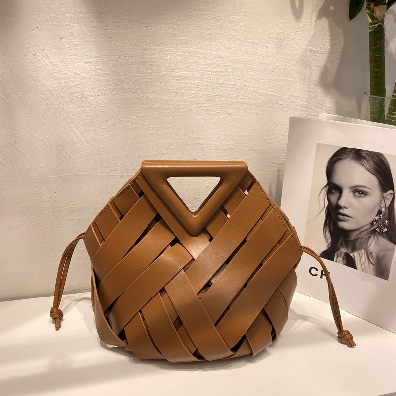 Women’s Vintage Woven Leather Triangle Handle Crossbody Shoulder Bucket Bag image 7