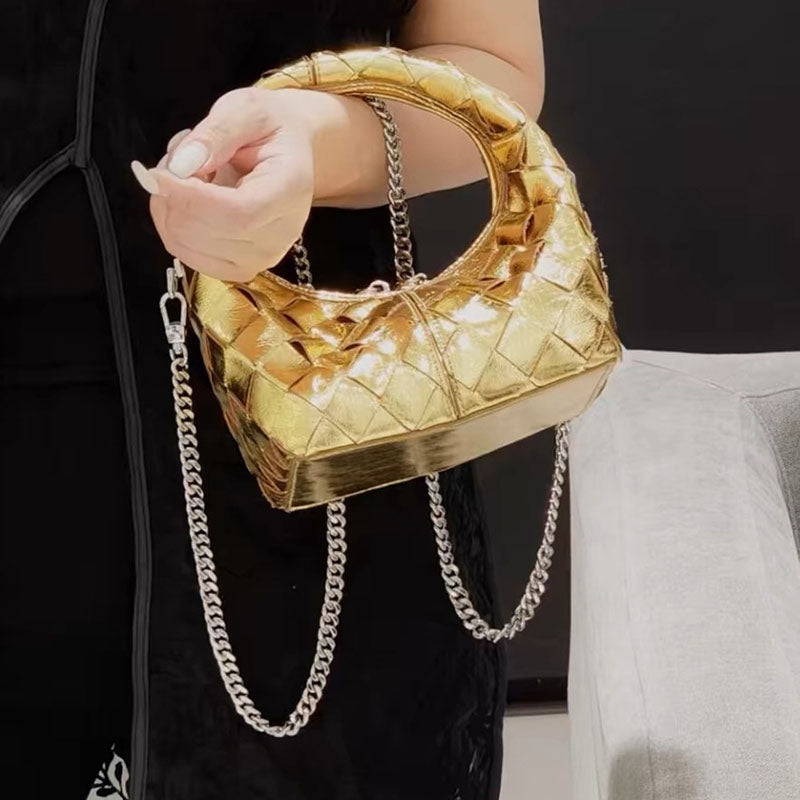 Women’s Vintage Woven Leather Zipper Crossbody Chain Handbag image 4