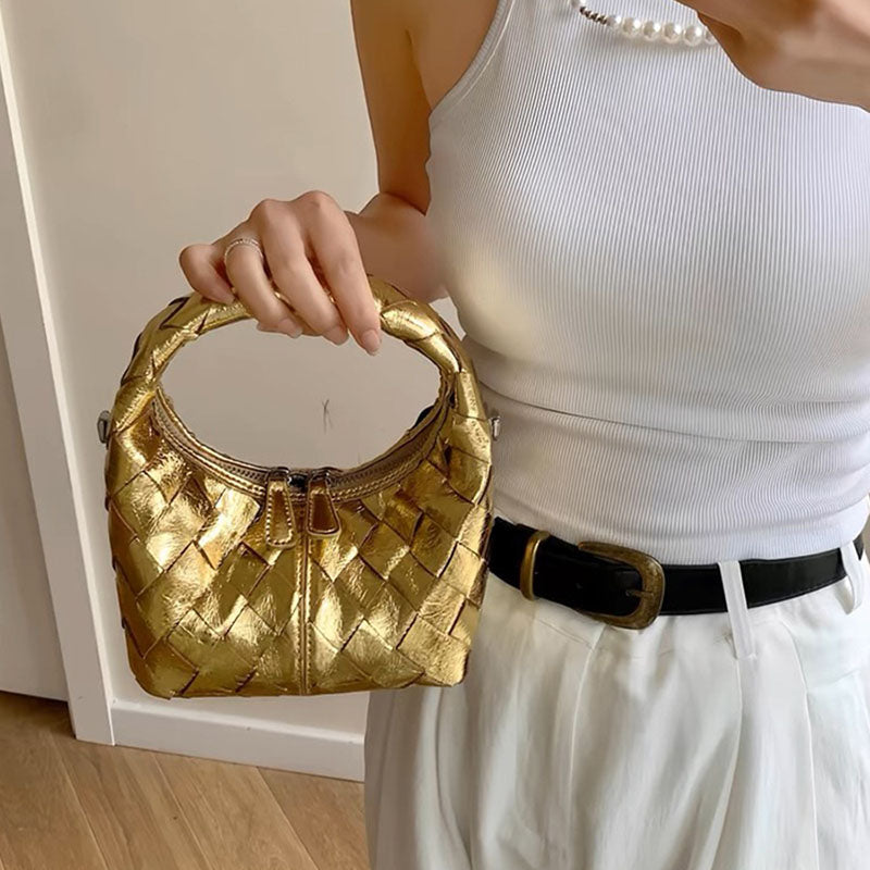 Women’s Vintage Woven Leather Zipper Crossbody Chain Handbag image 3