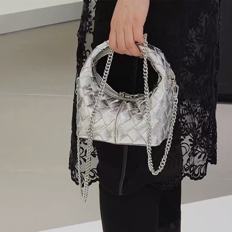 Women’s Vintage Woven Leather Zipper Crossbody Chain Handbag image 7