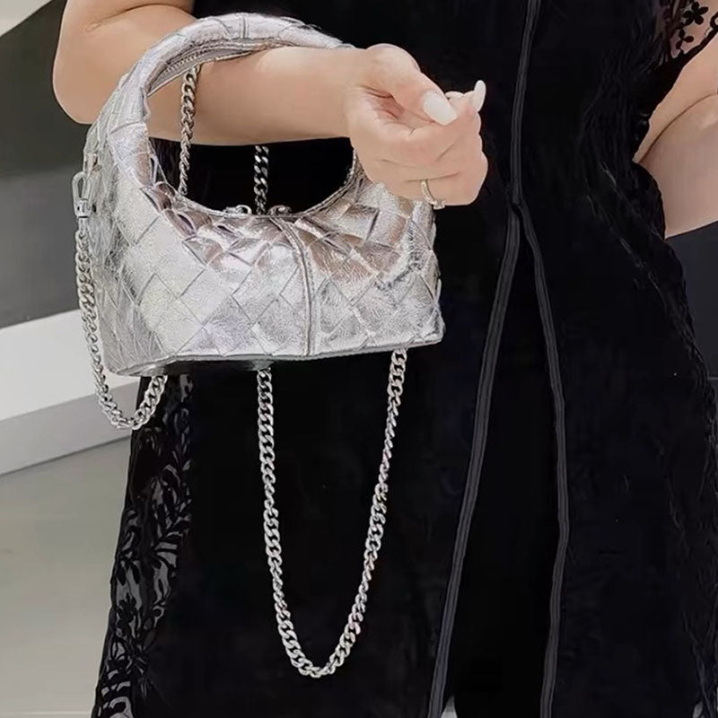 Women’s Vintage Woven Leather Zipper Crossbody Chain Handbag image 6