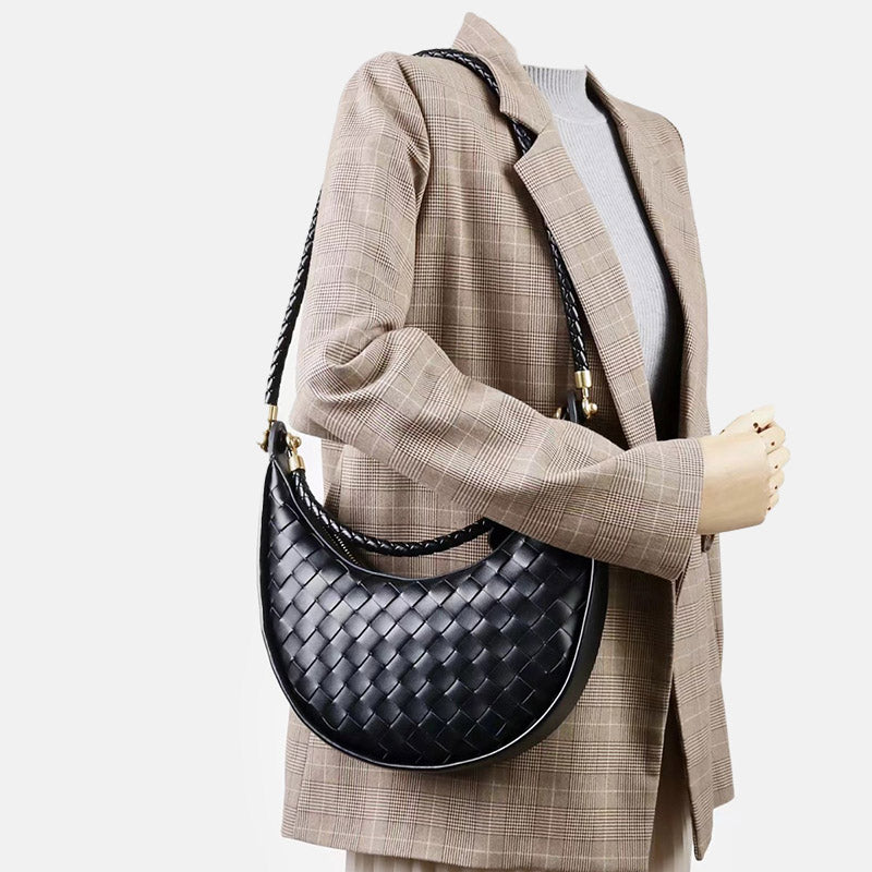 Women’s Vintage Woven Split Leather Crescent Baguette Shoulder Bag image 5