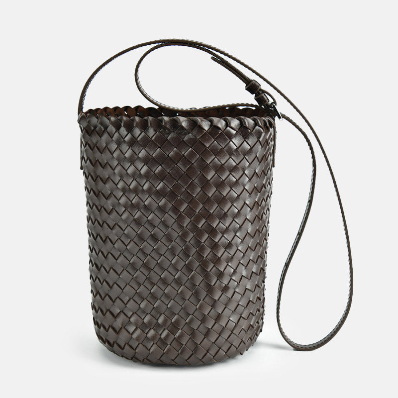 Women’s Vintage Woven Top-Grain Leather Crossbody Bucket Bag image