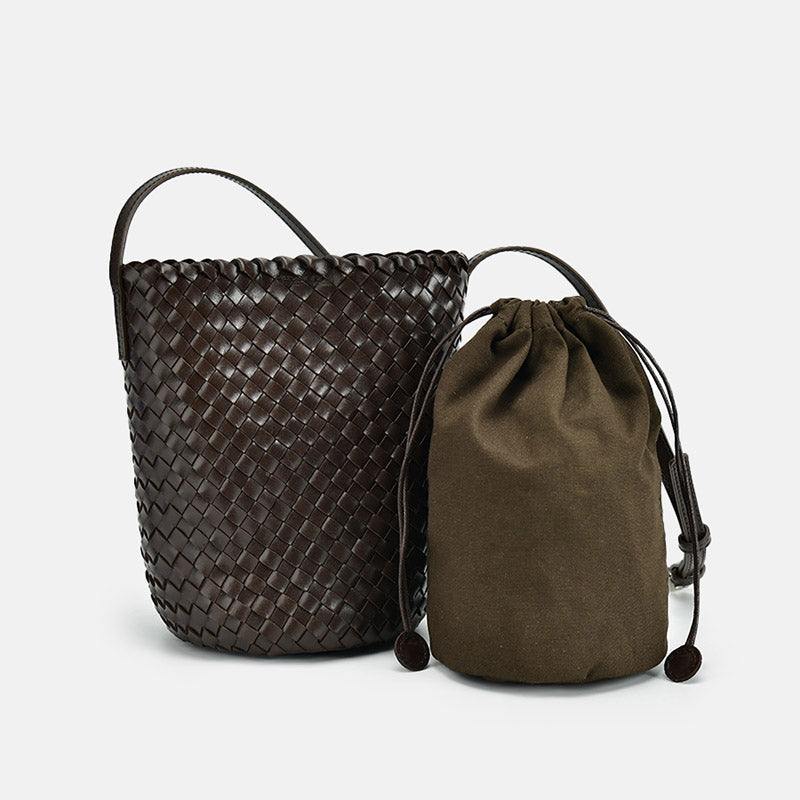 Women’s Vintage Woven Top-Grain Leather Crossbody Bucket Bag image 3