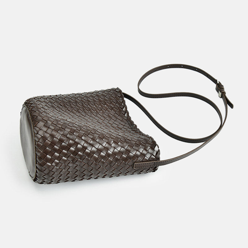Women’s Vintage Woven Top-Grain Leather Crossbody Bucket Bag image 4