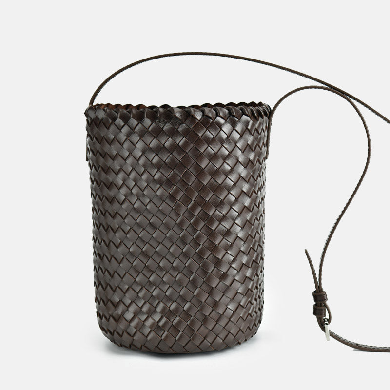 Women’s Vintage Woven Top-Grain Leather Crossbody Bucket Bag image 2