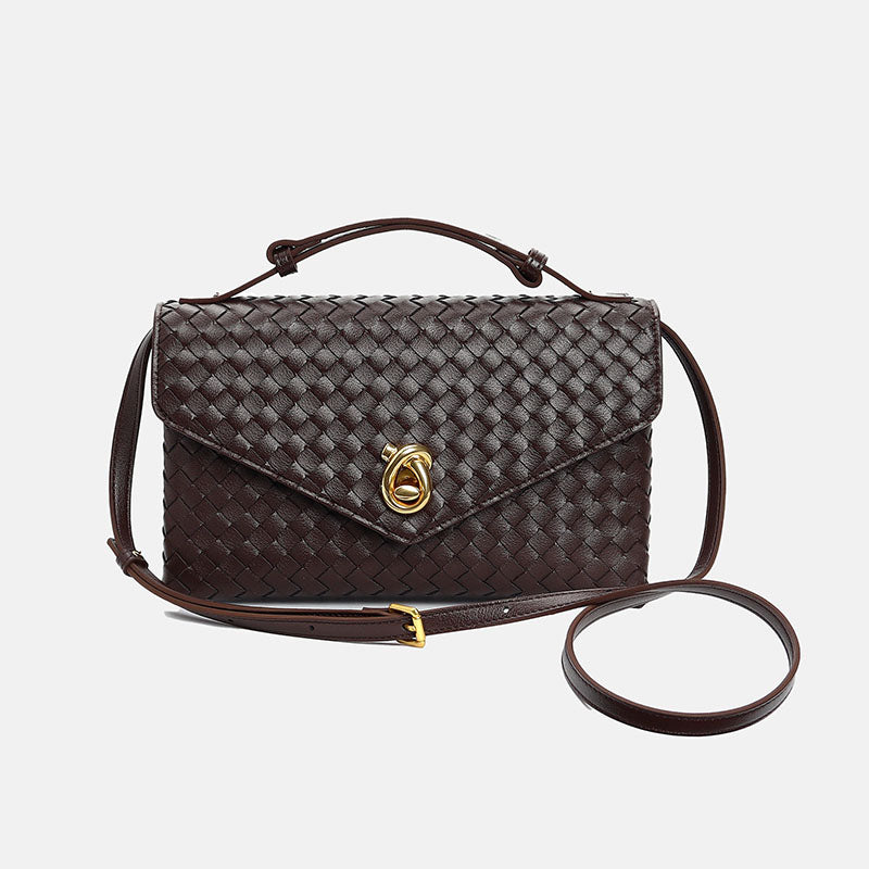 Women’s Vintage Woven Top-Grain Leather Messenger HandBag In Gold Hardware image 4