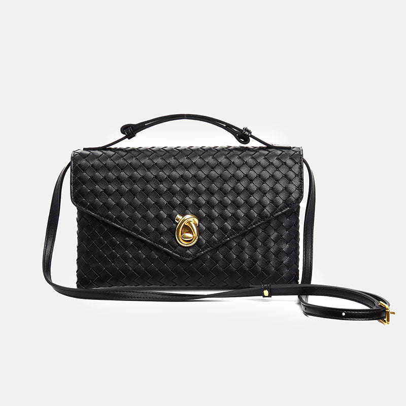 Women’s Vintage Woven Top-Grain Leather Messenger HandBag In Gold Hardware image 8