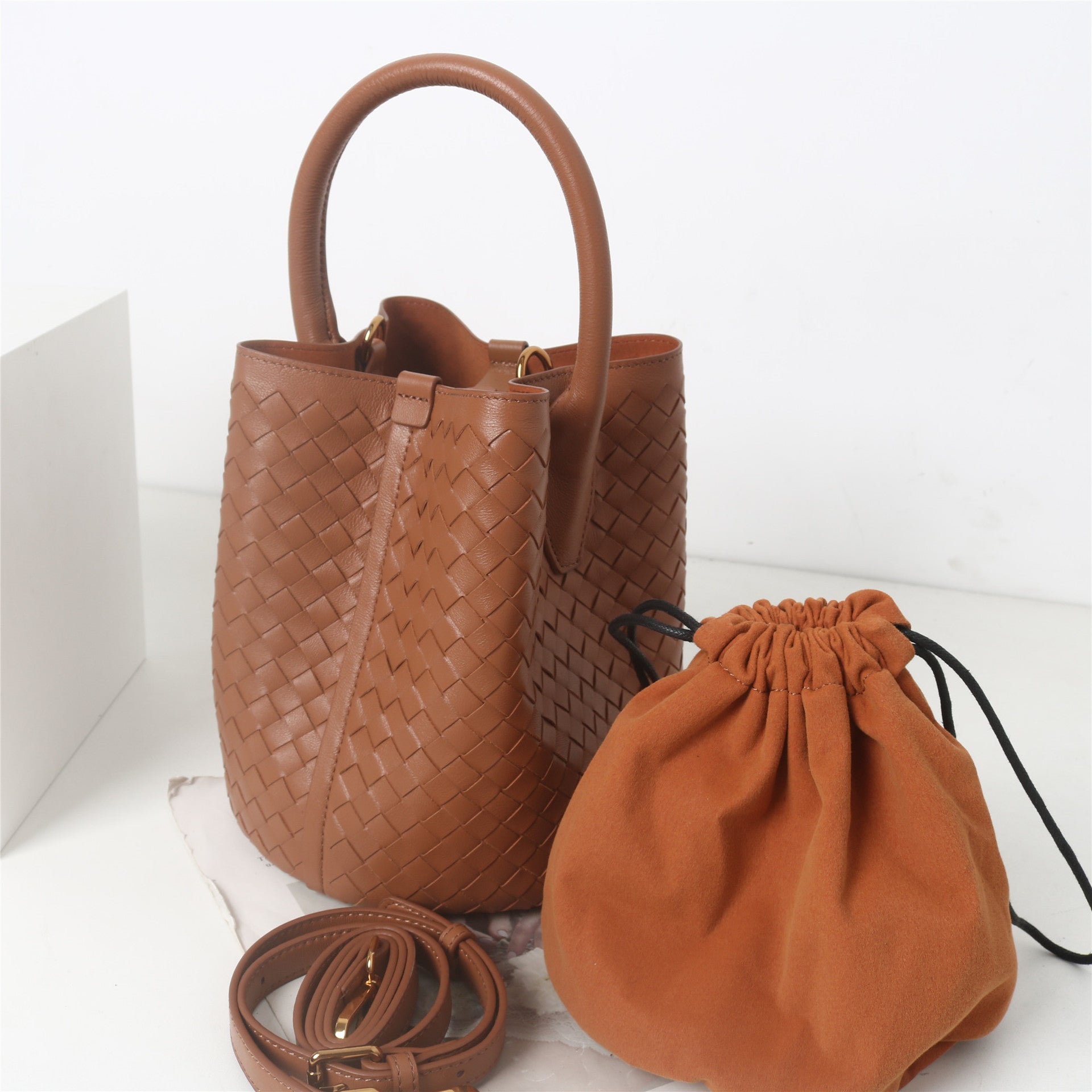 Women’s Woven Genuine Lambskin Leather Top Handle Bucket bags image 7