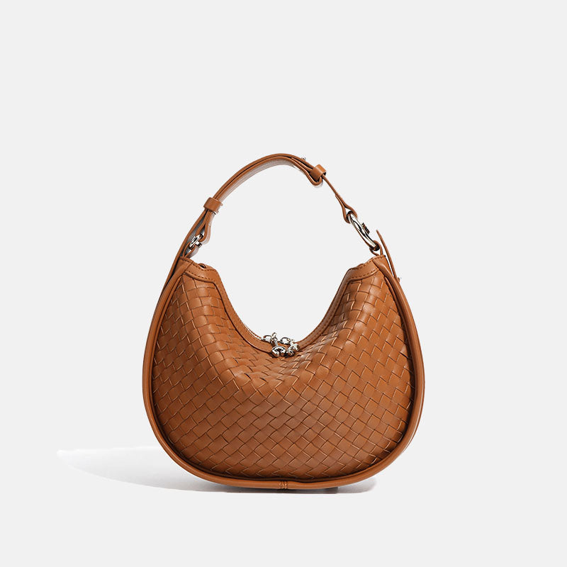 Women’s Woven Genuine Leather Crescent Shape Crossbody Shoulder Handbag In Minimalist image