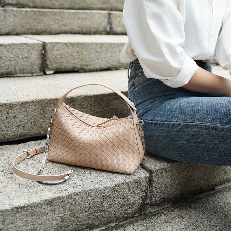 Women’s Woven Genuine Leather Vintage Zipper Handbags image 3
