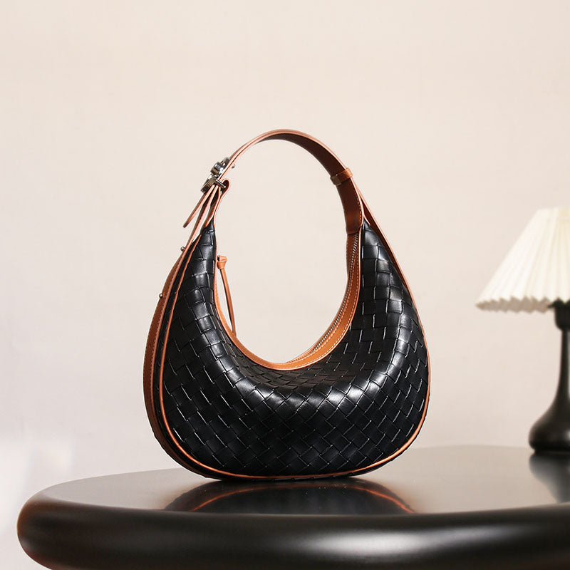 Women’s Woven Genuine Leather Zipper Crossbody Baguette Bag image 8