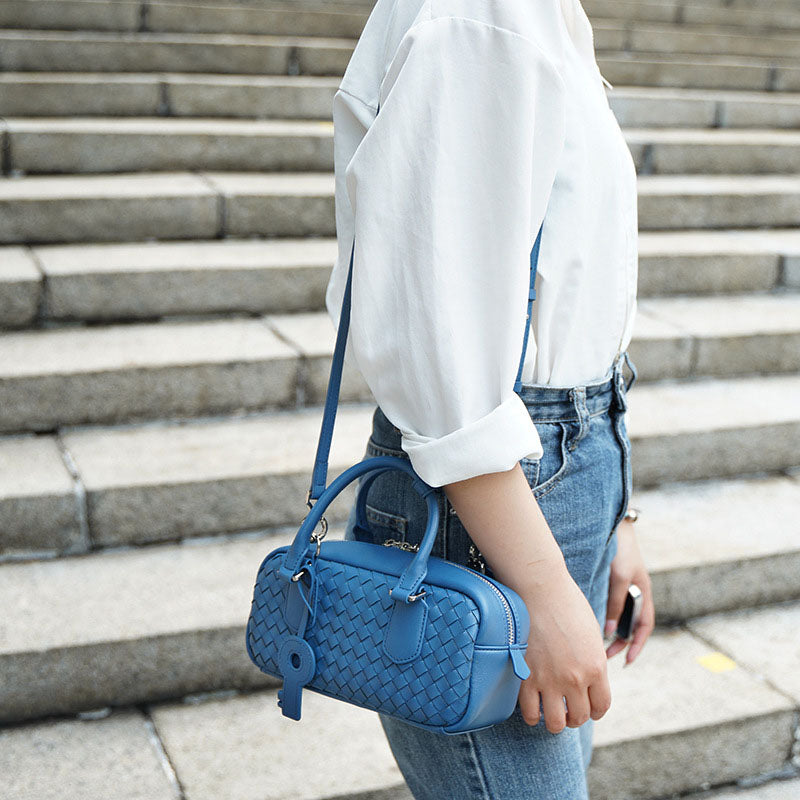 Women’s Woven Genuine Leather Zipper Lock Top Handle Bag In Minimalist image 6