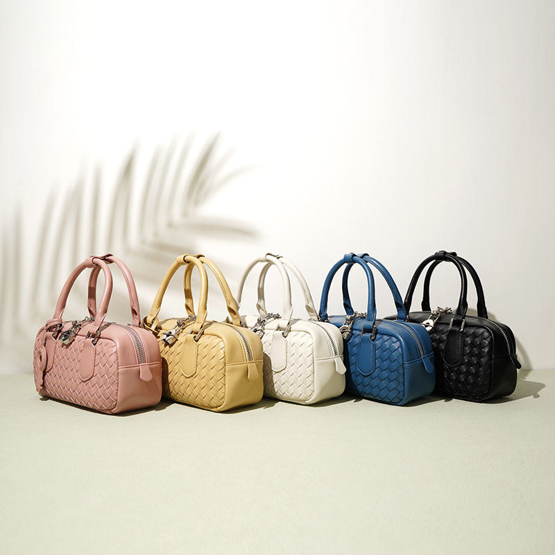 Women’s Woven Genuine Leather Zipper Lock Top Handle Bag In Minimalist image 4
