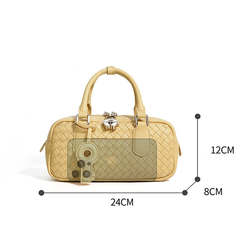 Women’s Woven Genuine Leather Zipper Lock Top Handle Bag In Minimalist image 2