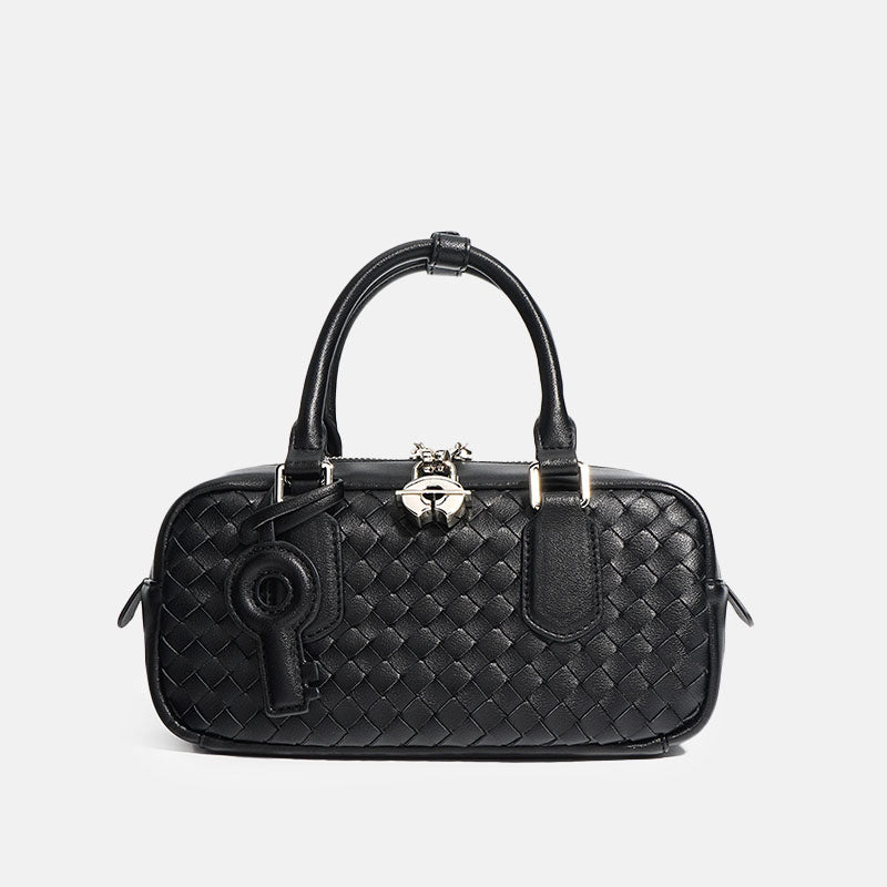 Women’s Woven Genuine Leather Zipper Lock Top Handle Bag In Minimalist image 7