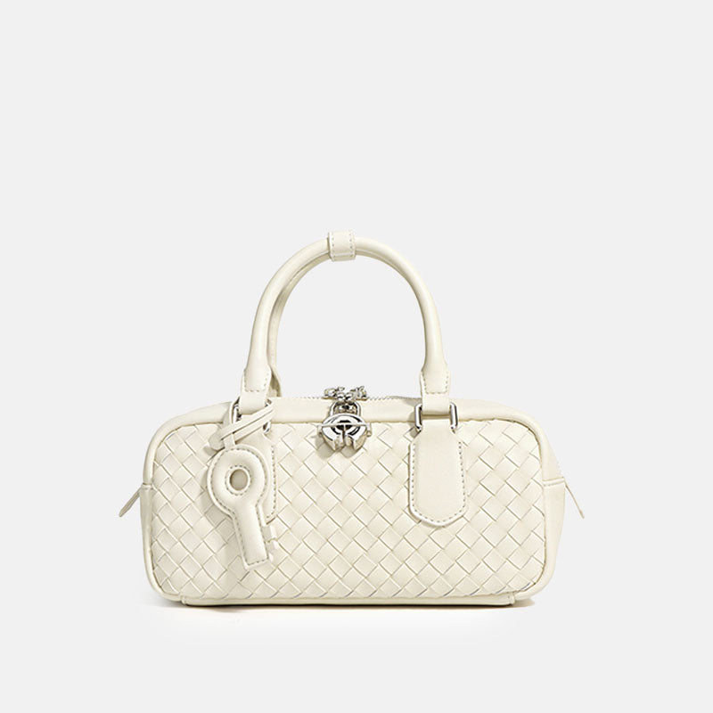 Women’s Woven Genuine Leather Zipper Lock Top Handle Bag In Minimalist image 8