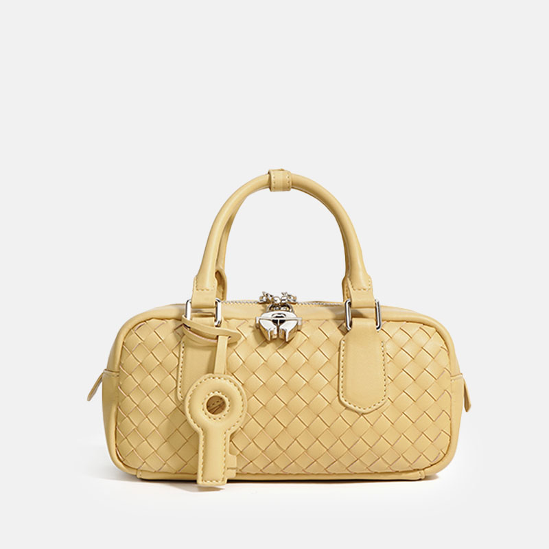 Women’s Woven Genuine Leather Zipper Lock Top Handle Bag In Minimalist image