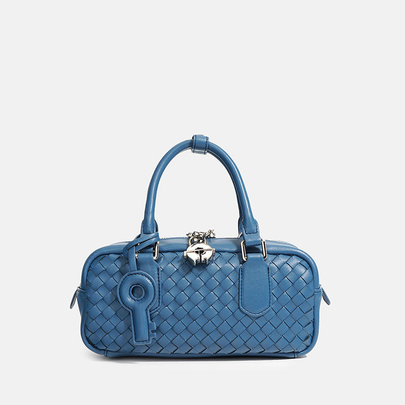 Women’s Woven Genuine Leather Zipper Lock Top Handle Bag In Minimalist image 5
