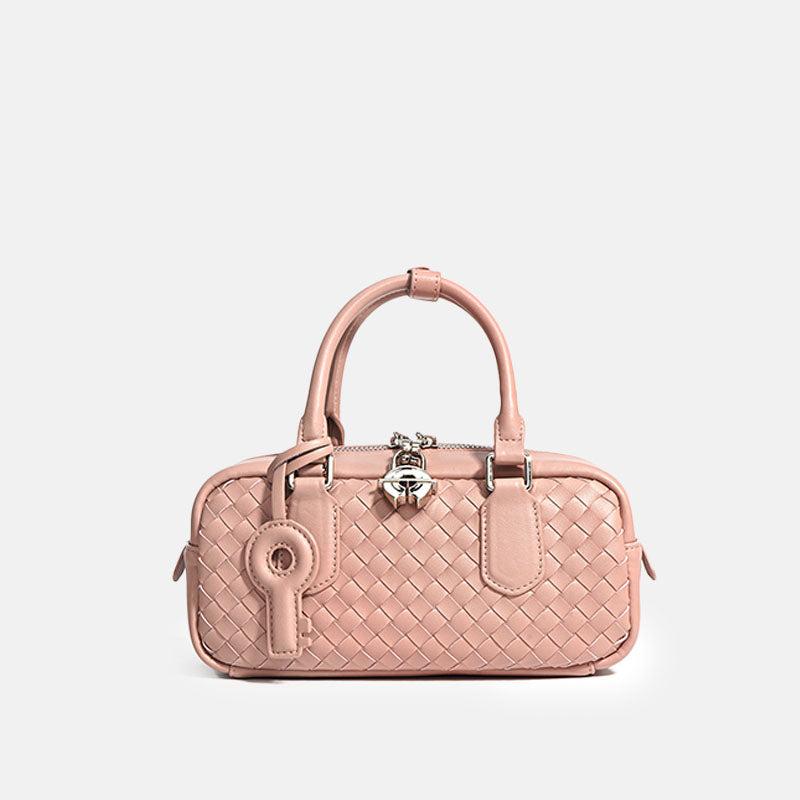 Women’s Woven Genuine Leather Zipper Lock Top Handle Bag In Minimalist image 9