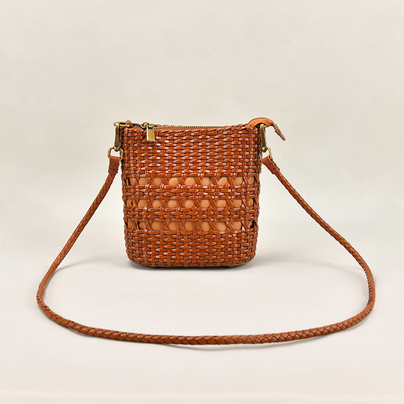 Women’s Woven Genuine Leather Zippered Crossbody Beach Tote Bags image