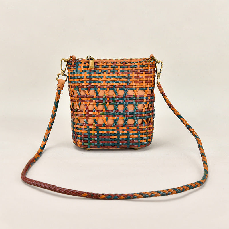 Women’s Woven Genuine Leather Zippered Crossbody Beach Tote Bags image 5