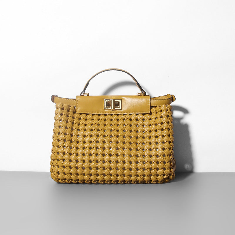 Women’s Woven Hollow Lock Shoulder Crossbody Top Handle Bag image 8