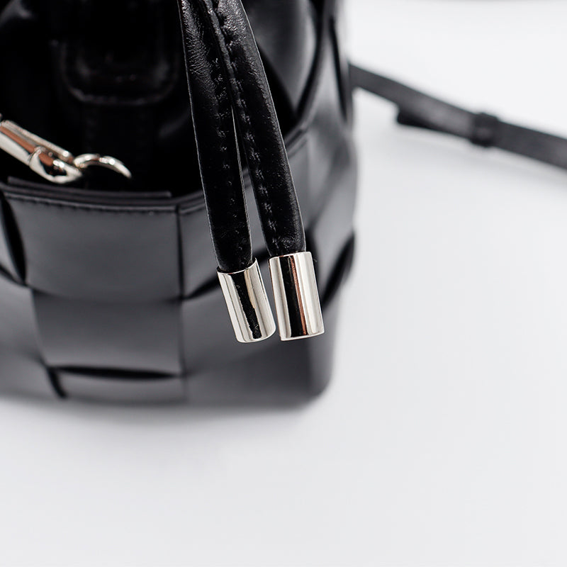 Women’s Woven Leather Bucket Bag with Drawstring Closure image 2