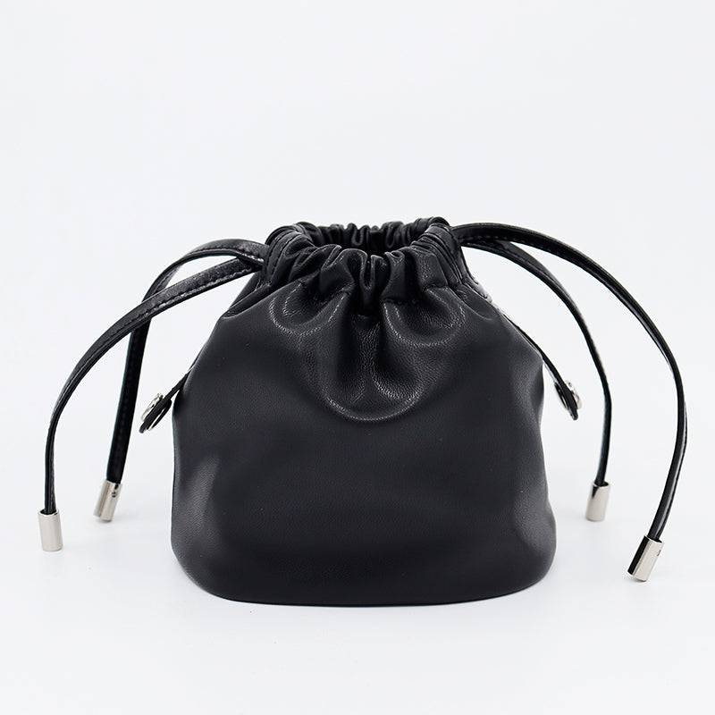 Women’s Woven Leather Bucket Bag with Drawstring Closure image 4