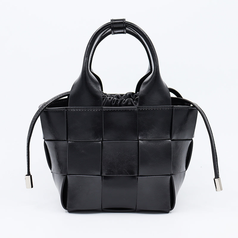 Women’s Woven Leather Bucket Bag with Drawstring Closure image