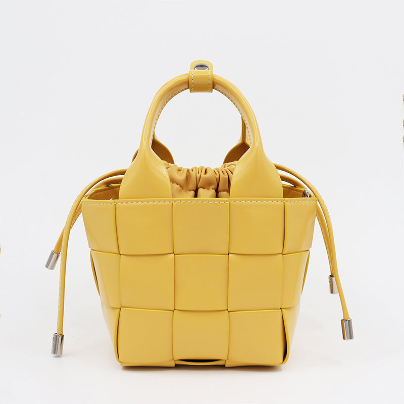 Women’s Woven Leather Bucket Bag with Drawstring Closure image 5