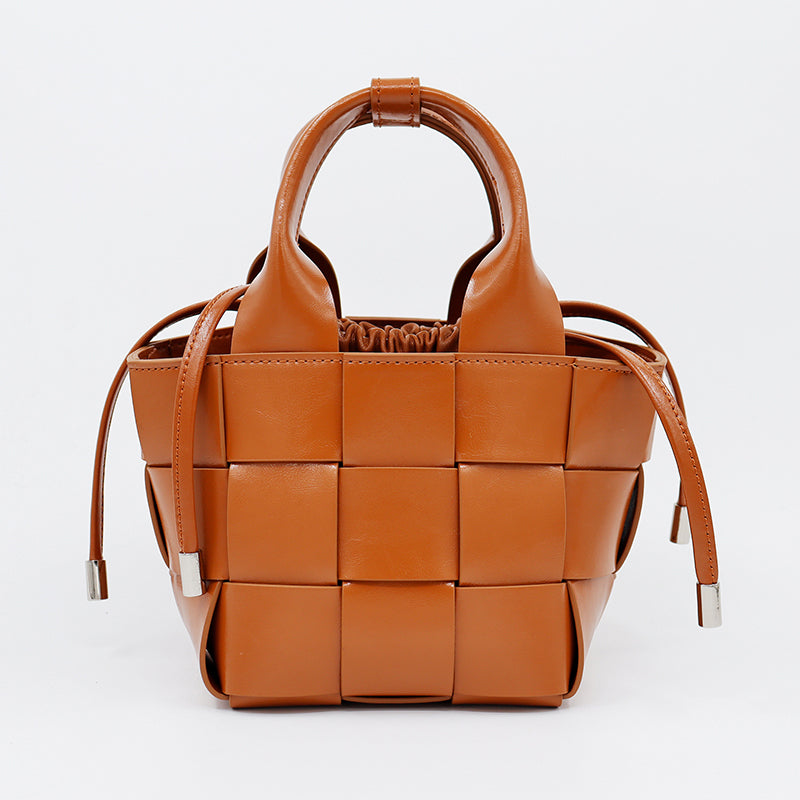 Women’s Woven Leather Bucket Bag with Drawstring Closure image 6