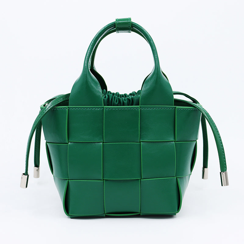 Women’s Woven Leather Bucket Bag with Drawstring Closure image 7