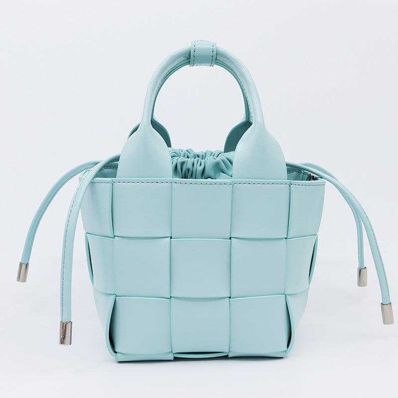 Women’s Woven Leather Bucket Bag with Drawstring Closure image 9