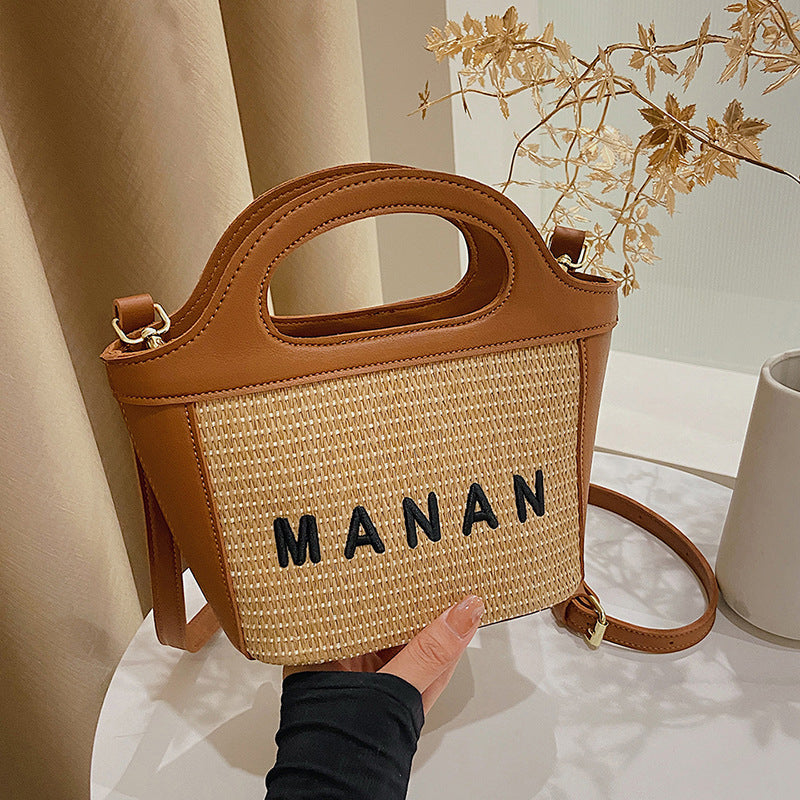 Women’s Woven Straw Tote Bag with Lettering and Contrast Stitching image 2