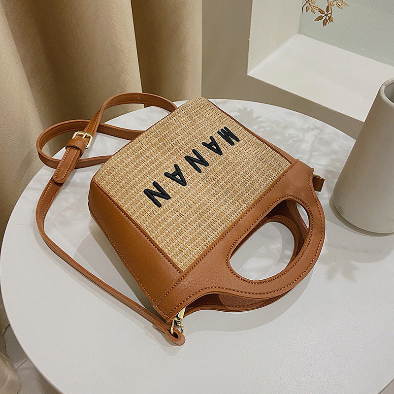 Women’s Woven Straw Tote Bag with Lettering and Contrast Stitching image 3