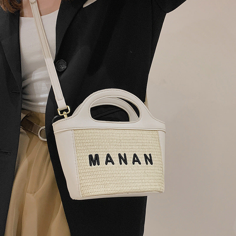 Women’s Woven Straw Tote Bag with Lettering and Contrast Stitching image 4