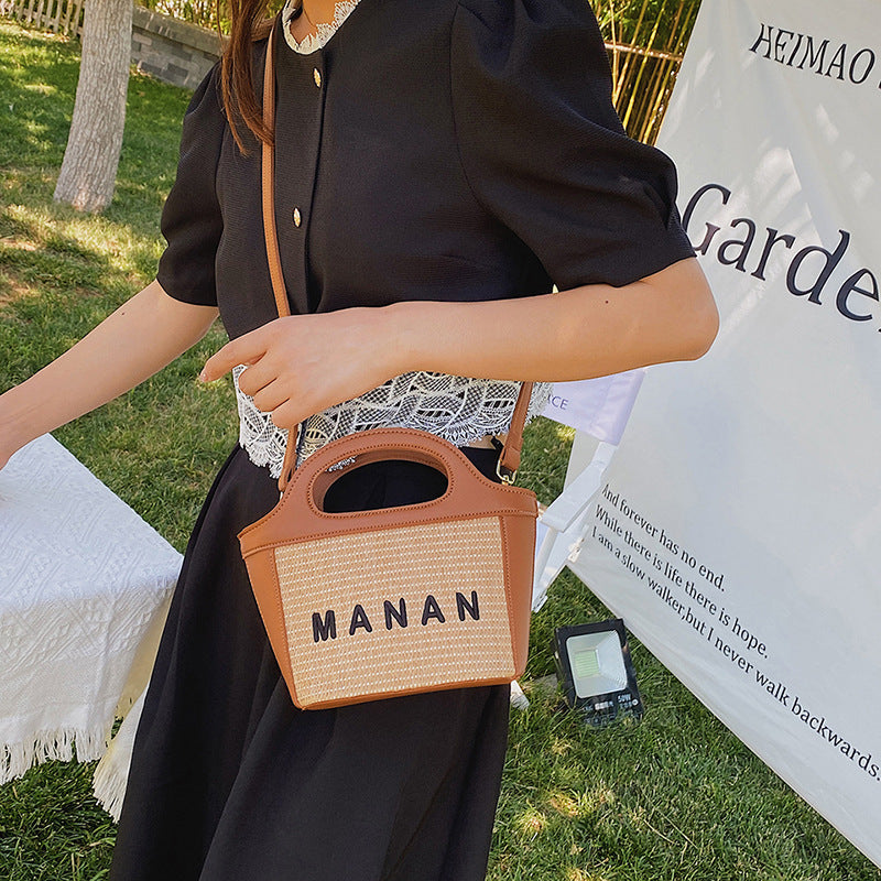 Women’s Woven Straw Tote Bag with Lettering and Contrast Stitching image 5