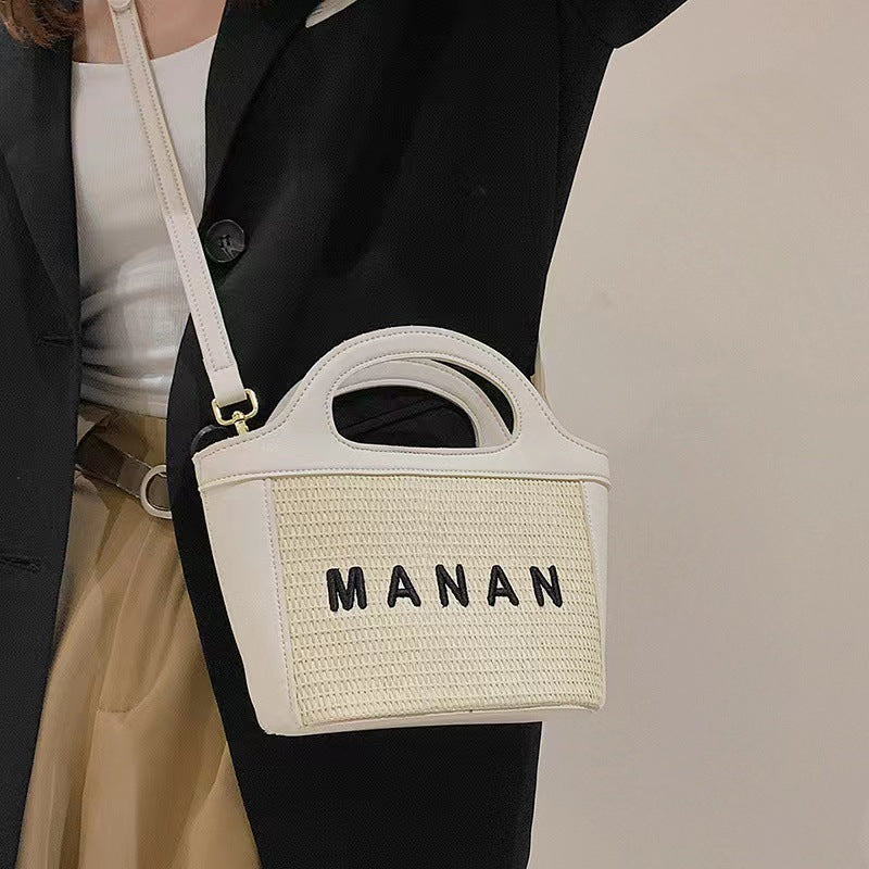 Women’s Woven Straw Tote Bag with Lettering and Contrast Stitching image 6