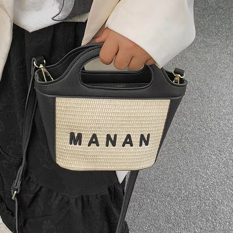 Women’s Woven Straw Tote Bag with Lettering and Contrast Stitching image 7