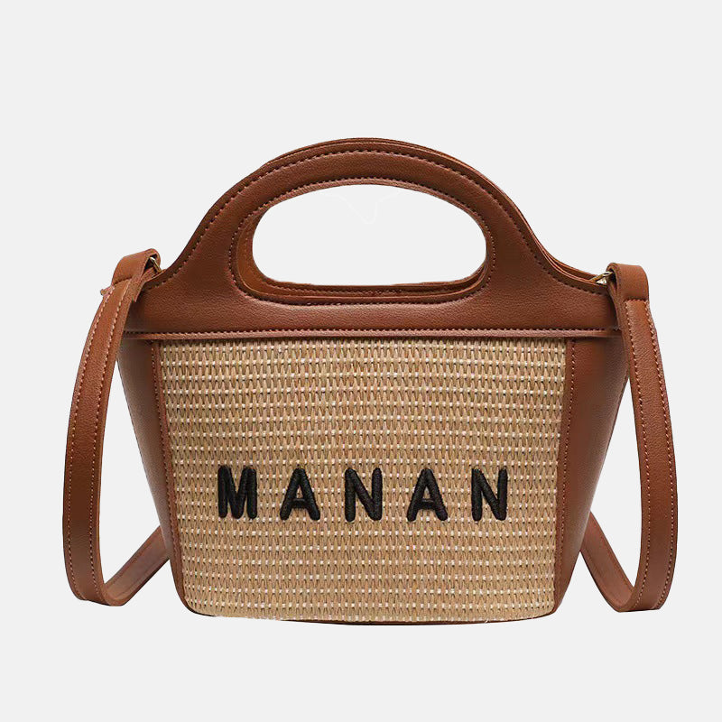 Women’s Woven Straw Tote Bag with Lettering and Contrast Stitching image 8