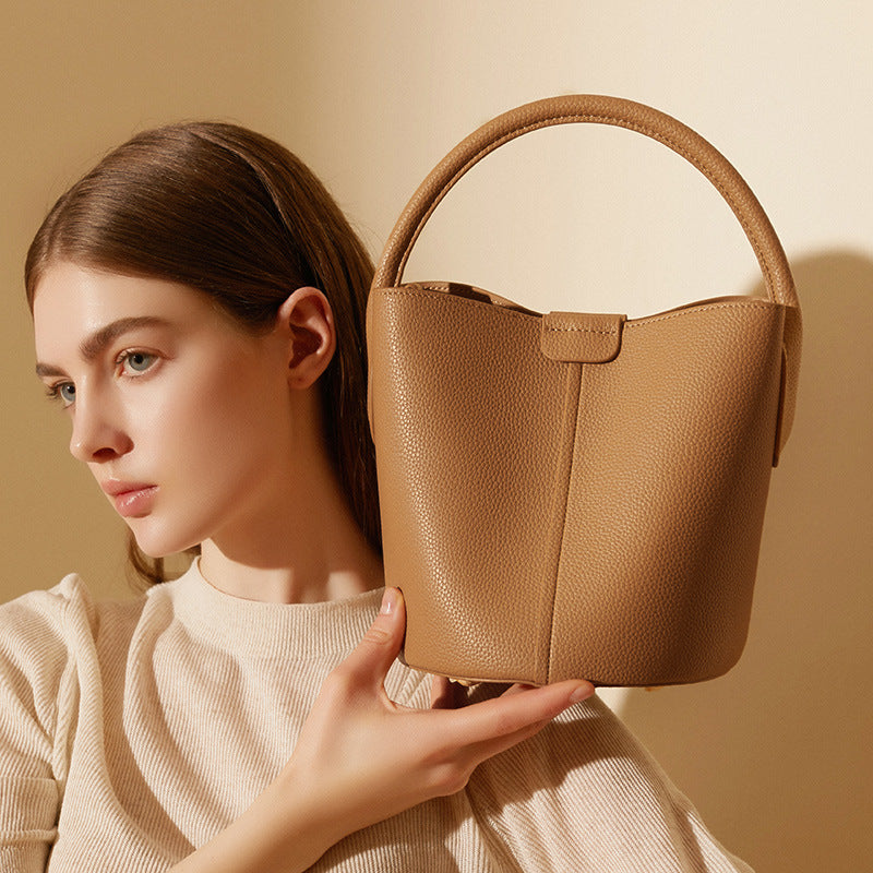 Women’s Minimalist Genuine Leather Magnetic Closure Crossbody Shoulder Bucket Bag image 3