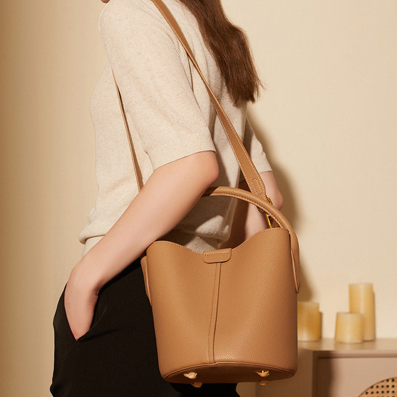 Women’s Minimalist Genuine Leather Magnetic Closure Crossbody Shoulder Bucket Bag image 4