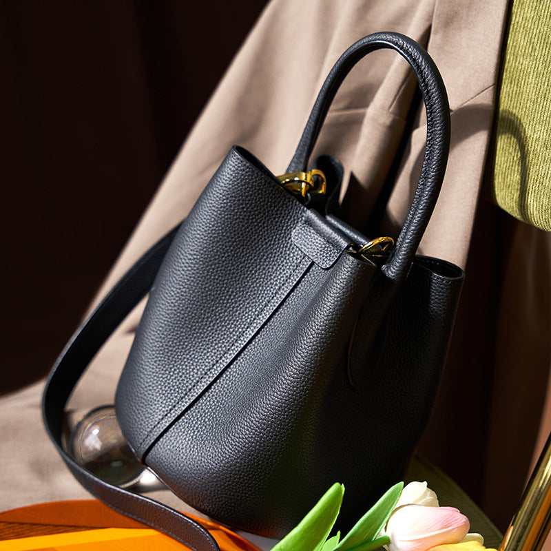 Women’s Minimalist Genuine Leather Magnetic Closure Crossbody Shoulder Bucket Bag image 6