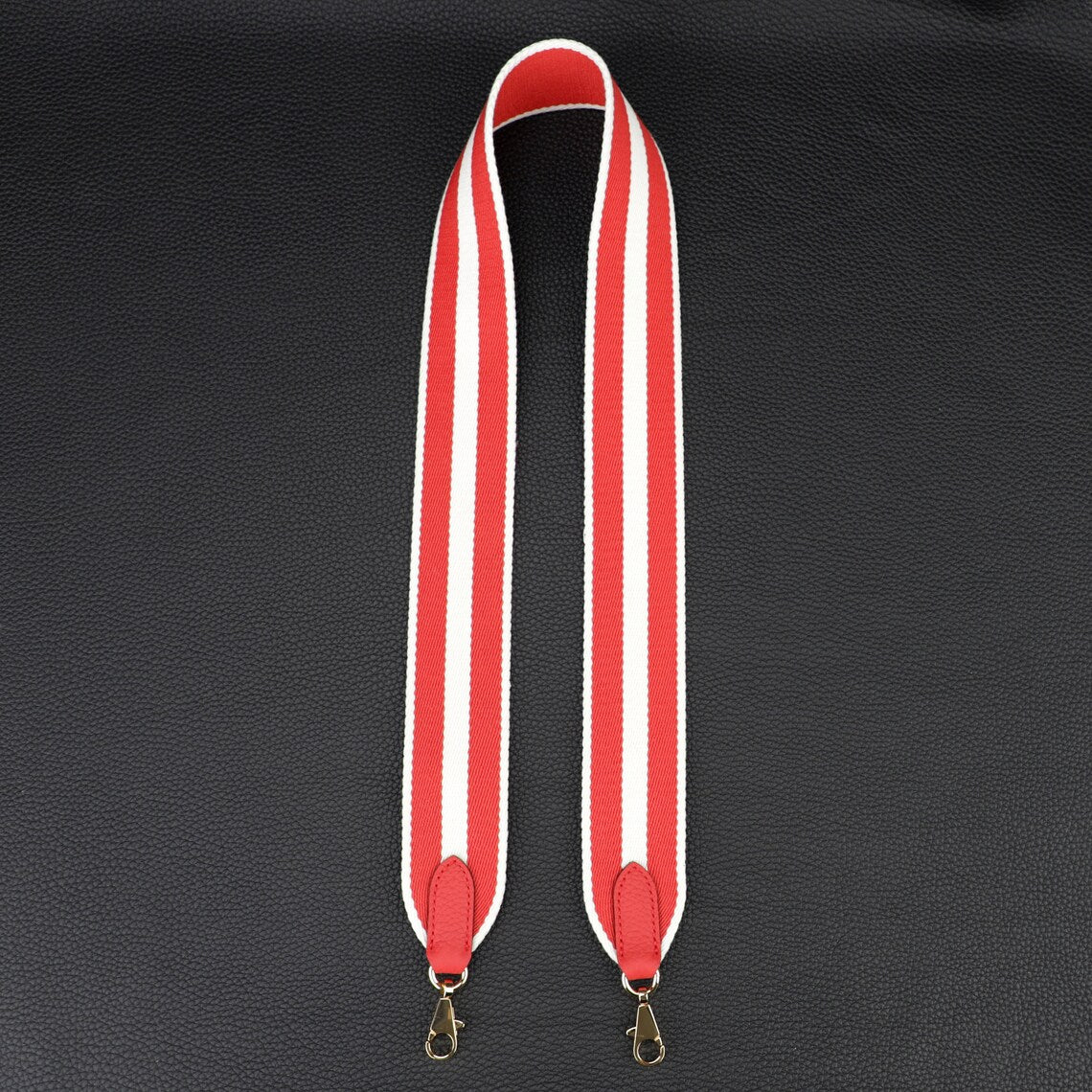50mm Striped Canvas Shoulder Bag Strap: Togo Leather Accent