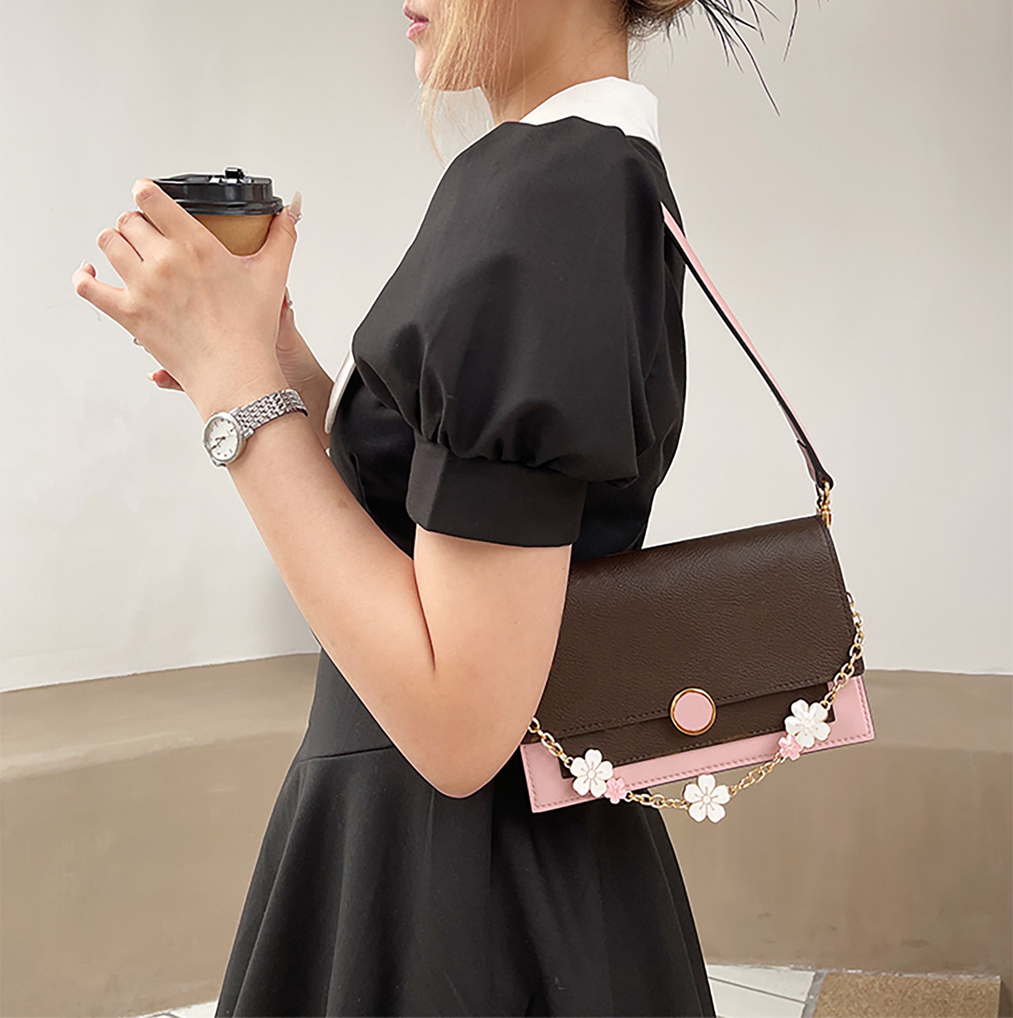 Small purse decorative chain, metal chain, pink cherry blossom bag accessories