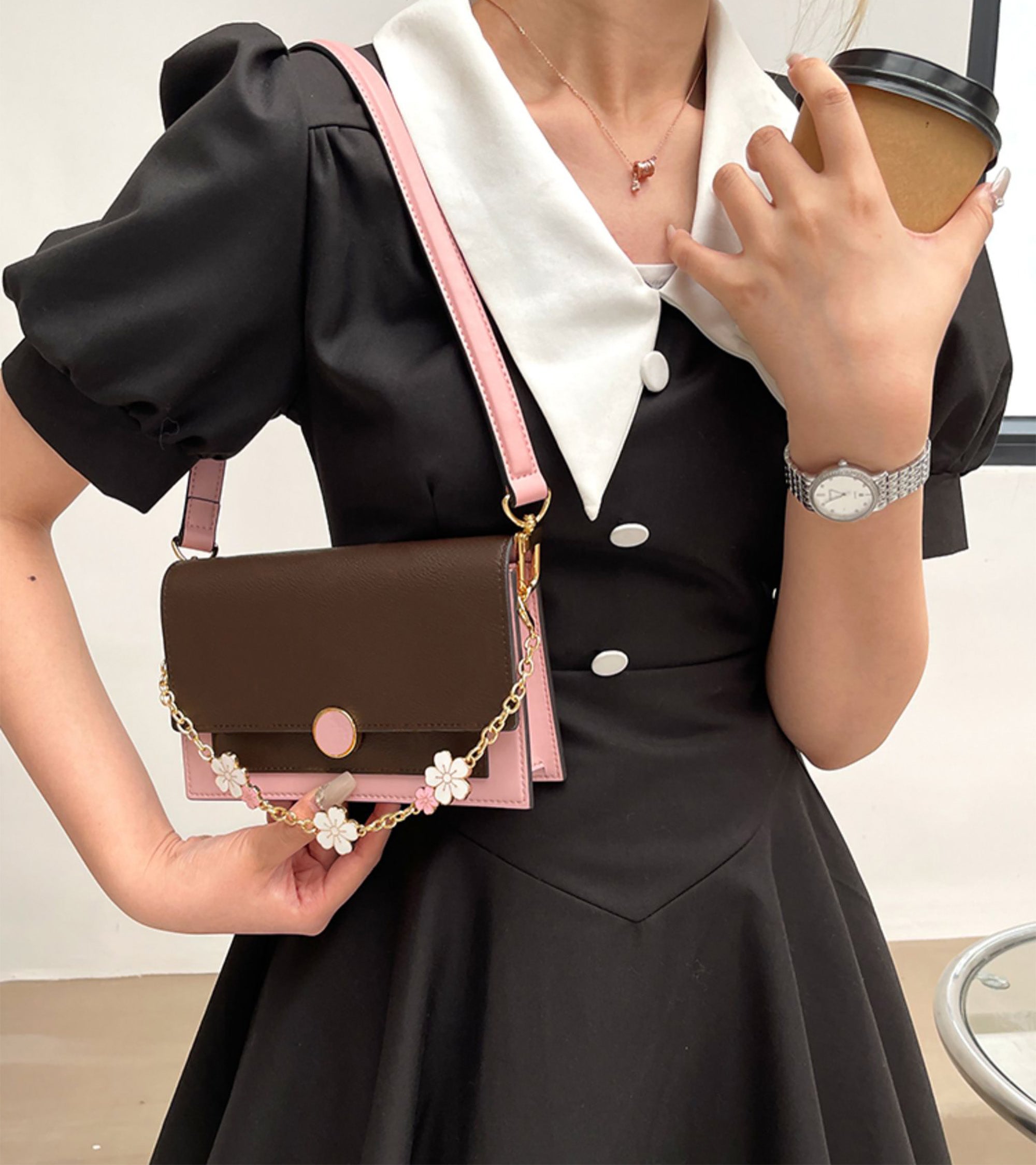 Small purse decorative chain, metal chain, pink cherry blossom bag accessories