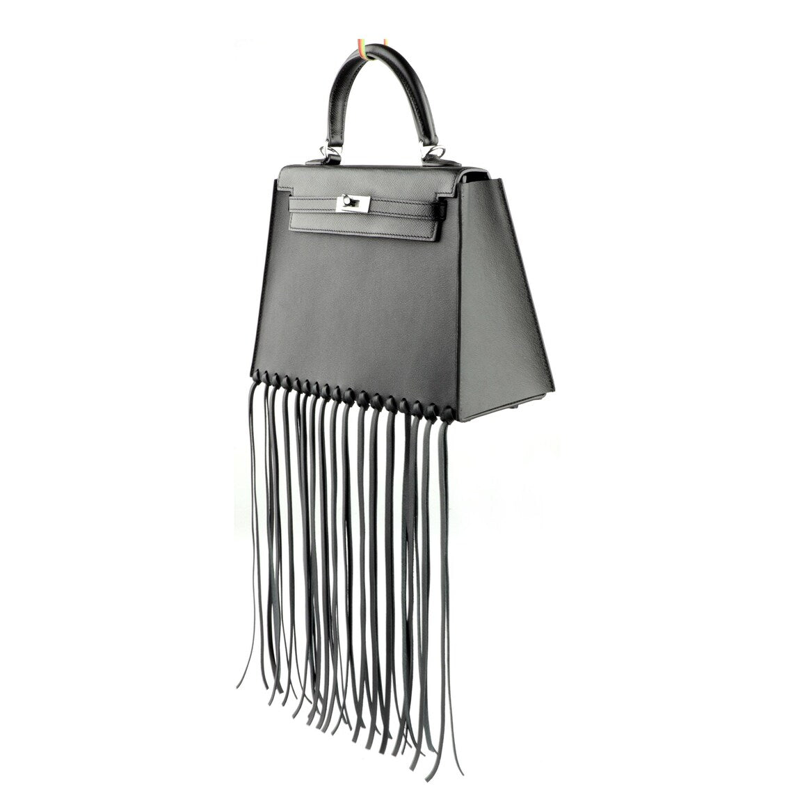 Black Fringe Bag Cover for Kelly bag | Leather Protective Bag Cape | Luxury Purse Cover with Long Tassels | Custom Handmade Bag Accessory