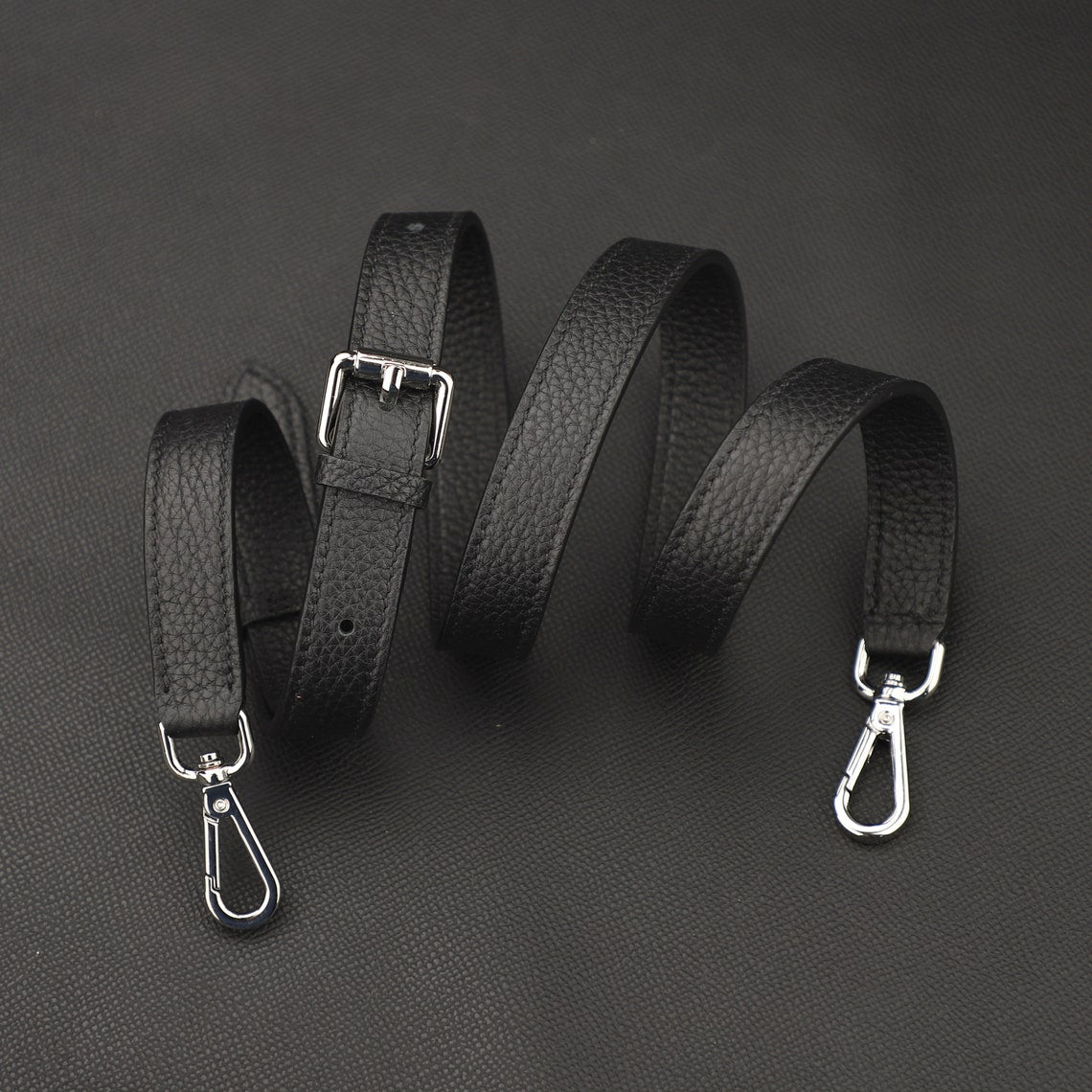 Hermès Style Black Togo Leather Adjustable Bandoulière (18mm Slim): Compatible Crossbody/Shoulder Strap